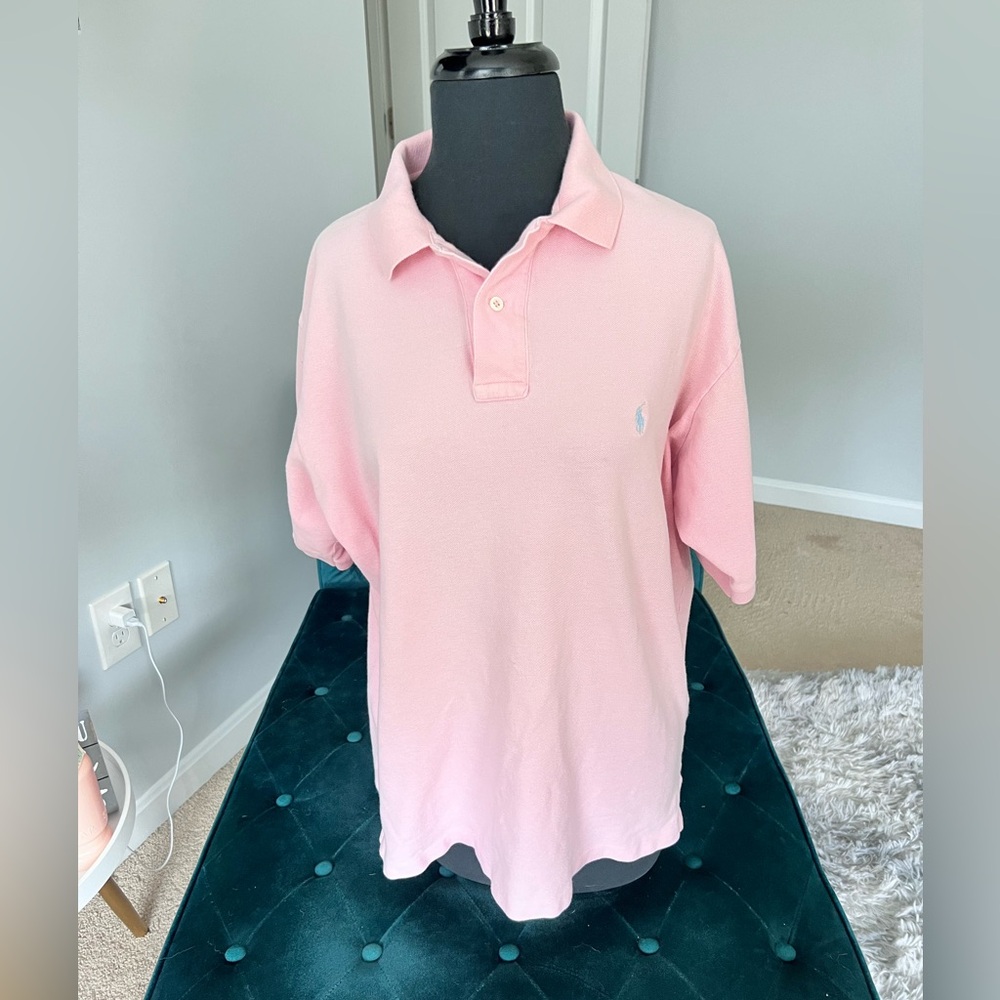Polo Ralph Lauren Solid Pink Short Sleeve Polo Shirt Light Blue Pony Size L